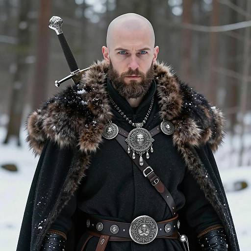 Viking Warrior Man in Fur Cloak with Sword in Snowy Forest