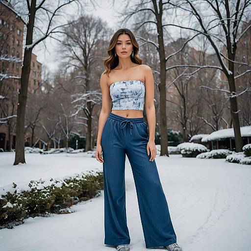 Stylish Woman in Crop Top and Blue Pants Posing in Snowy Urban Park