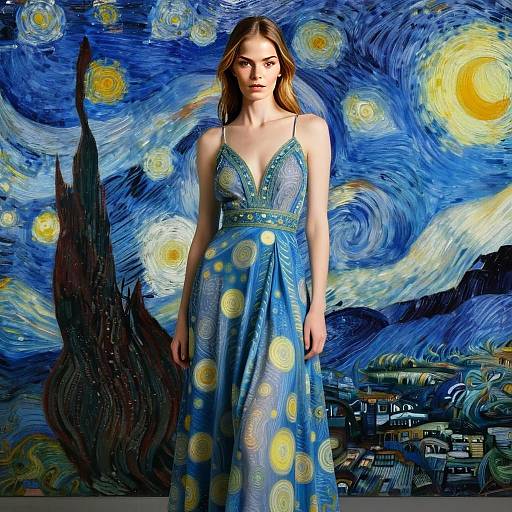 Woman Wearing Starry Night Inspired Dress Against Van Gogh Background