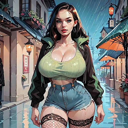 Anime Style Woman in Rainy Urban Streetwear Digital Illustration