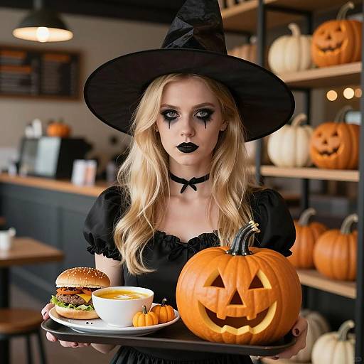 Halloween Witch Woman Holding Jack-O'-Lantern and Food Tray