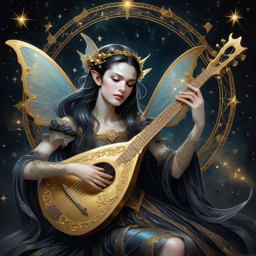 Serene Woman with Ethereal Wings Playing Golden Lute