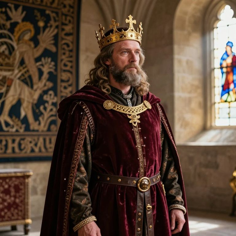 Medieval King Portrait in Royal Velvet Robes and Golden Crown