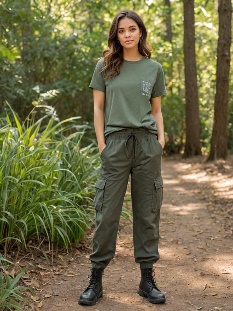 Confident Woman on Forest Path in Adventure Style