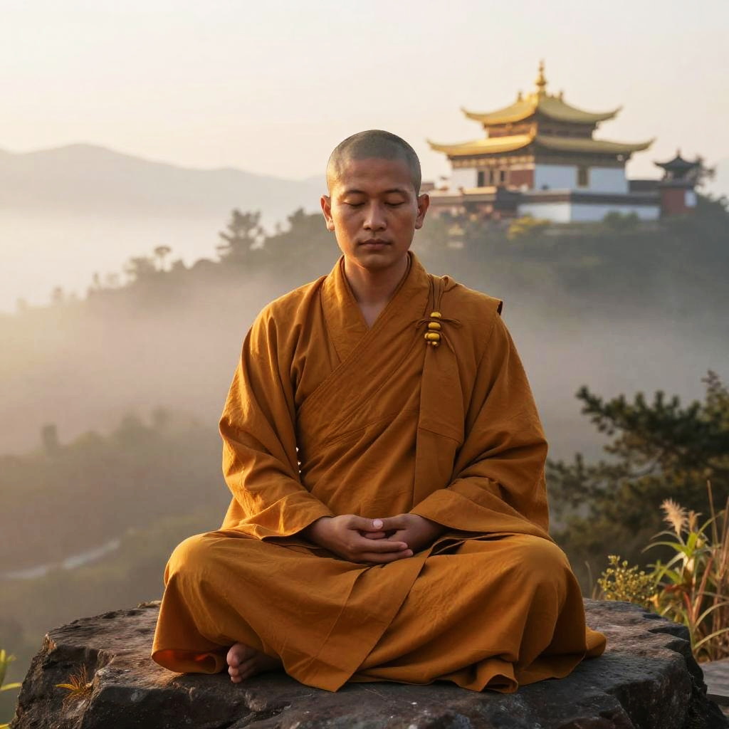Meditating Buddhist Monk in Traditional Robes with Mountain Temple Background