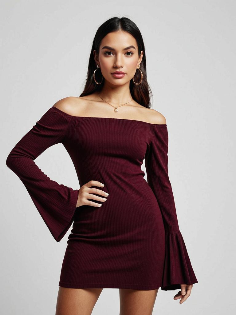 Contemporary Chic Maroon Off-The-Shoulder Mini Dress with Flared Sleeves