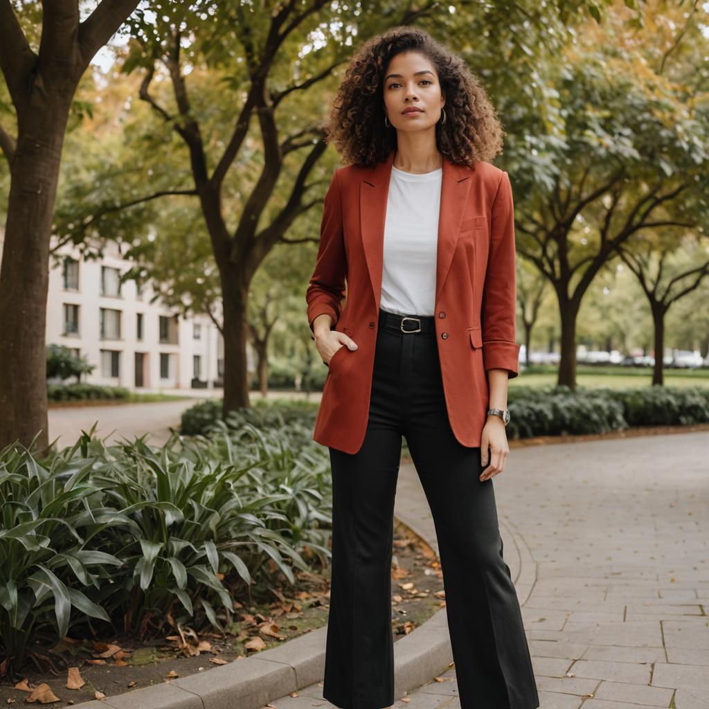 Confident Woman in Rust Blazer and Black Pants Standing in Urban Park