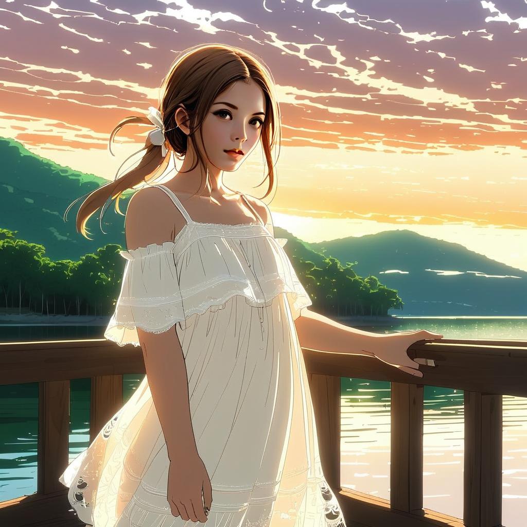 Young Woman on Lake Deck at Sunset - Anime Style Young Woman on Lake Deck at Sunset - Anime Style