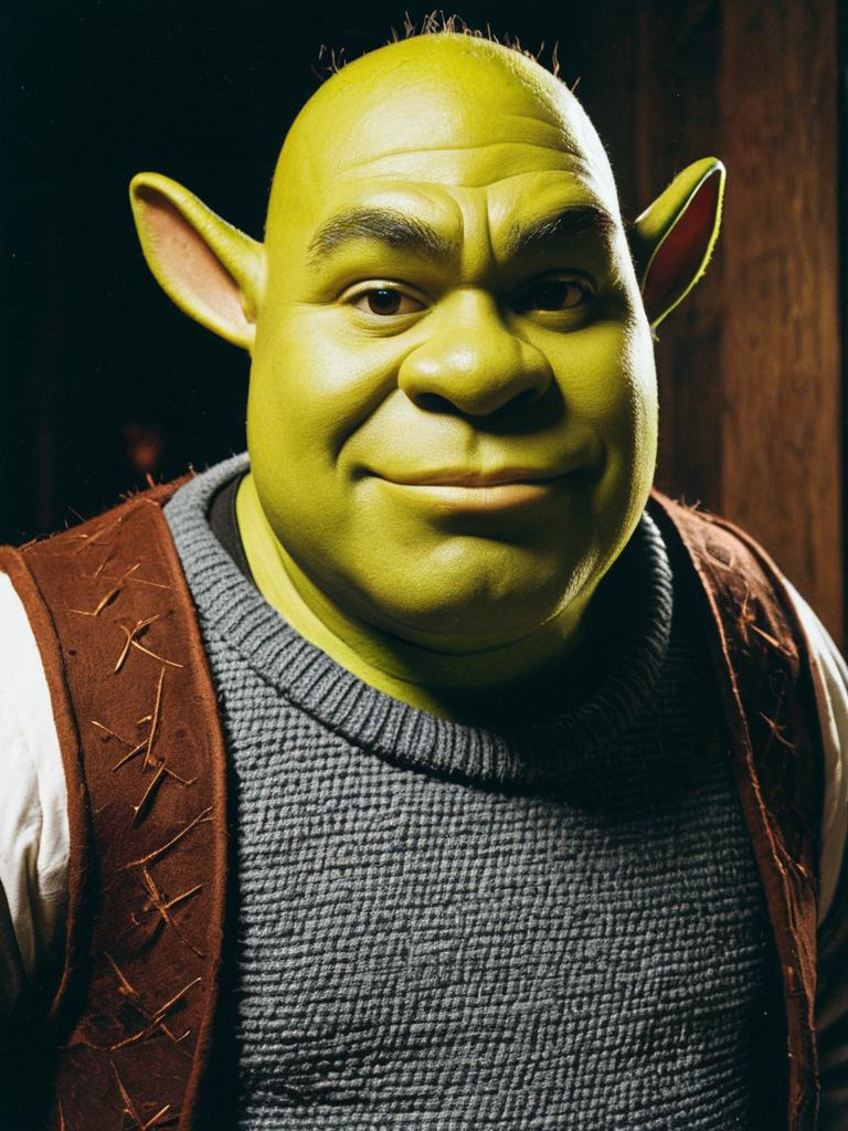 Photorealistic Man in Shrek Costume Cosplay Editorial Portrait