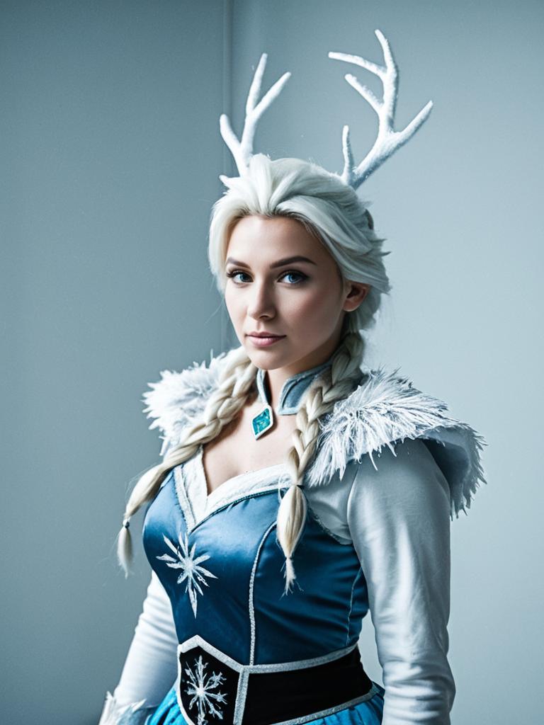 Woman in Frosty Blue Winter Costume with Antlers