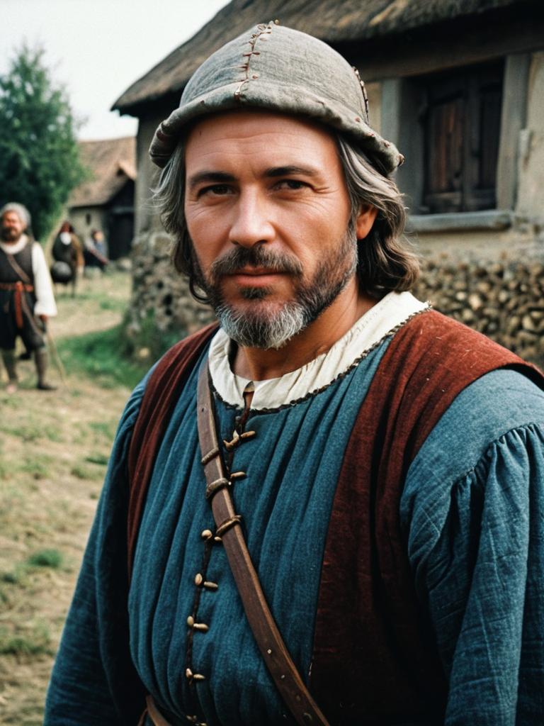 Medieval Peasant Man in Traditional Costume Outdoor Portrait
