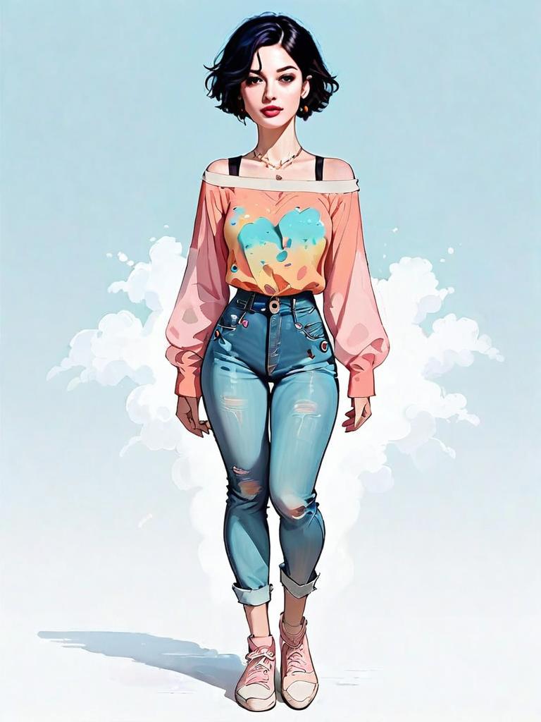 Trendy Young Woman in Casual Outfit Digital Illustration Full Body Realistic Comic Style