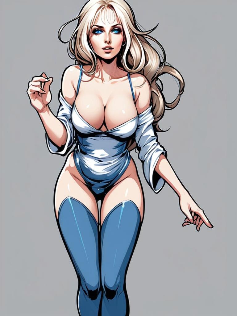 Blonde Woman in White Bodysuit and Blue Thigh-High Boots Digital Illustration