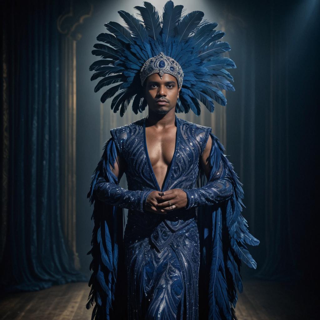 Man in Artistic Costume with Blue Feathered Headdress