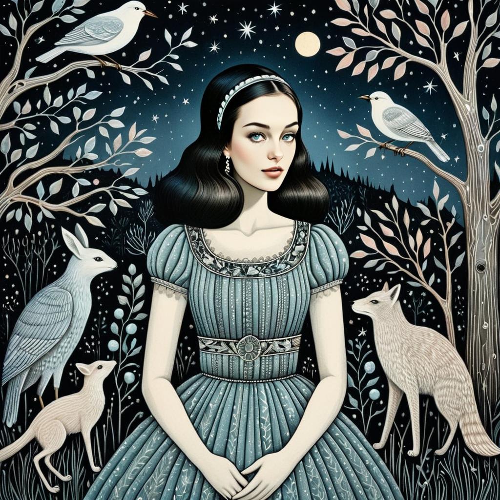 Elegant Woman in Vintage Blue Dress Surrounded by Woodland Animals Under Starry Night