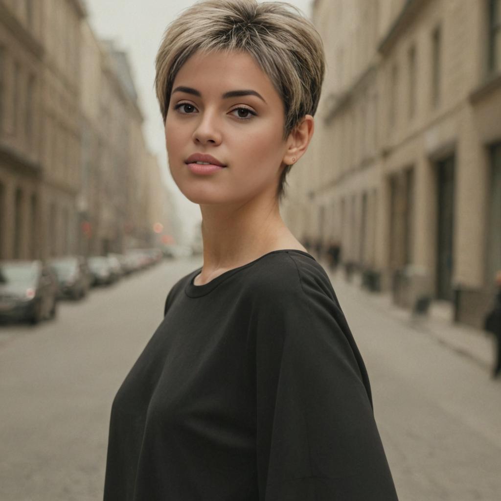 Young Woman with Pixie Haircut in Urban Setting