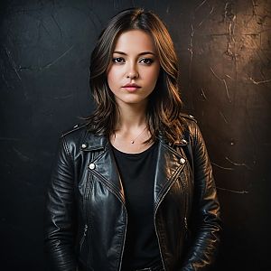 Confident Young Woman in Black Leather Jacket