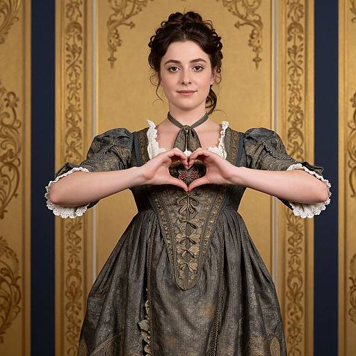 18th Century Woman in Elegant Historical Dress Making Heart Shape with Hands