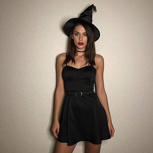 Woman in Stylish Black Witch Costume with Pointed Hat