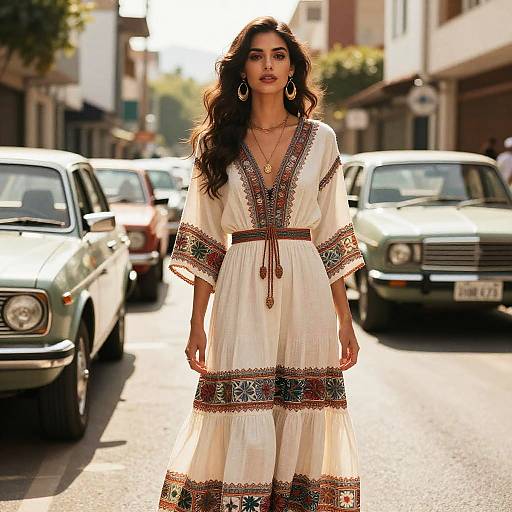 Bohemian Woman Wearing Ethnic Pattern Maxi Dress Walking on Vintage Street