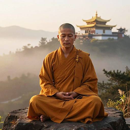Meditating Buddhist Monk in Traditional Robes with Mountain Temple Background