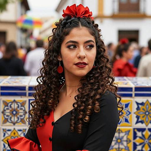Young Woman in Traditional Flamenco Dress with Curly Hair and Red Accessories