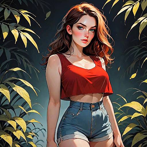 Stylized Digital Portrait of Woman in Red Crop Top and Denim Shorts Among Foliage