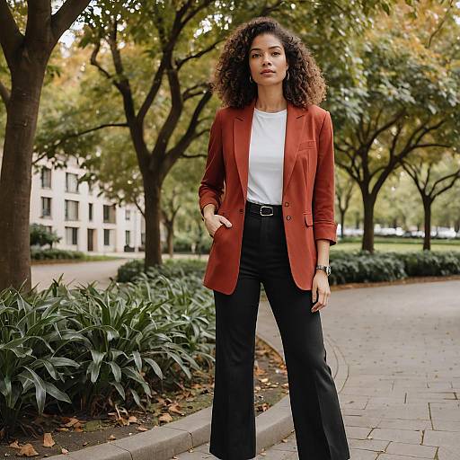 Confident Woman in Rust Blazer and Black Pants Standing in Urban Park