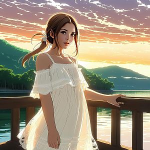 Young Woman on Lake Deck at Sunset - Anime Style