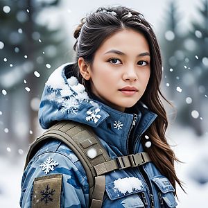 Woman in Blue Winter Coat with Tactical Backpack in Snowy Forest