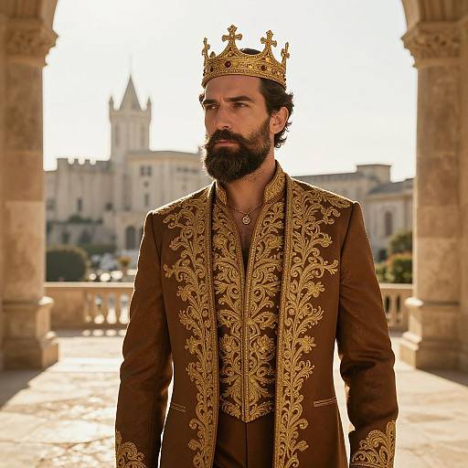 Regal Man in Ornate Golden Embroidered Jacket with Crown by Medieval Castle