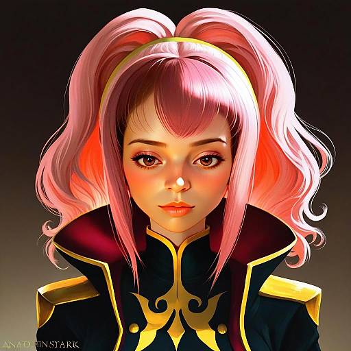 Anya Alstreim Anime-Style Digital Portrait with Pink Hair and Military Uniform