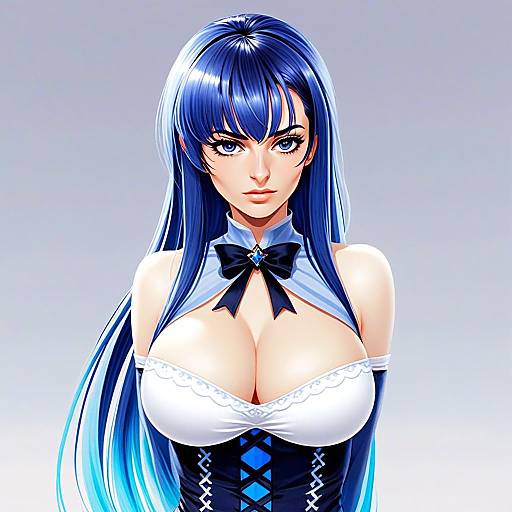 Elegant Anime Woman with Long Blue Hair and Detailed Costume