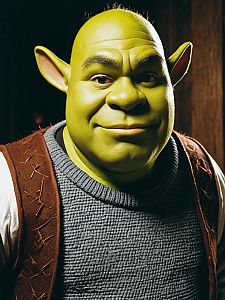 Photorealistic Man in Shrek Costume Cosplay Editorial Portrait