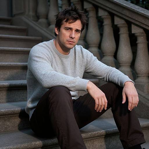 Contemplative Man Sitting on Stone Steps with Classic Balustrade