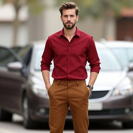 Confident Man in Red Shirt and Brown Trousers Urban Street Style
