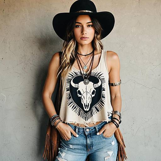 Bohemian Woman in Tan Fringed Graphic Tank Top with Bison Skull Design