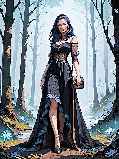 Medieval Woman in Dark Fantasy Forest Full Body Digital Illustration