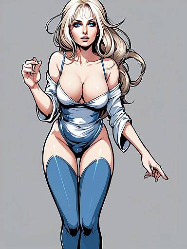 Blonde Woman in White Bodysuit and Blue Thigh-High Boots Digital Illustration