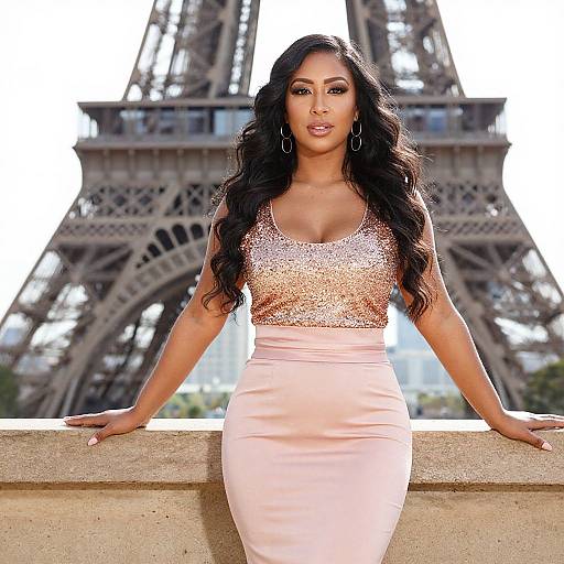 Elegant Woman in Rose Gold Sequin Top by Eiffel Tower in Paris