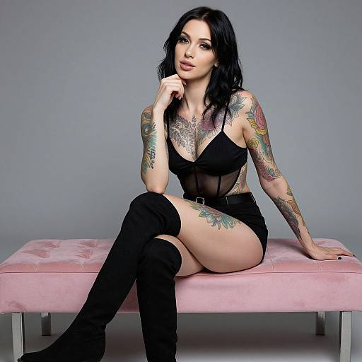 Tattooed Woman in Black Sheer Bodysuit and Thigh-High Boots Sitting on Pink Bench