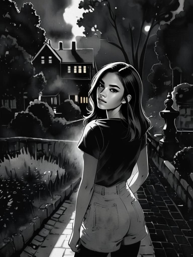 Young Woman on Cobblestone Path - Grayscale Digital Art