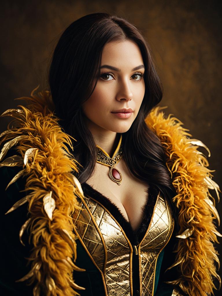 Realistic Boa Hancock Cosplay Woman in Detailed Gold and Feather Costume