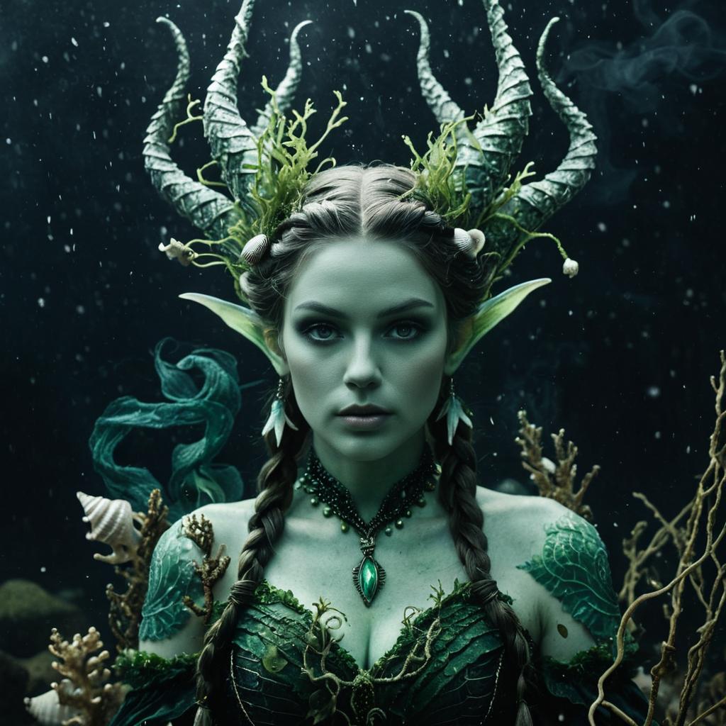 Mystical Underwater Woman with Horned Headpiece and Fantasy Oceanic Style