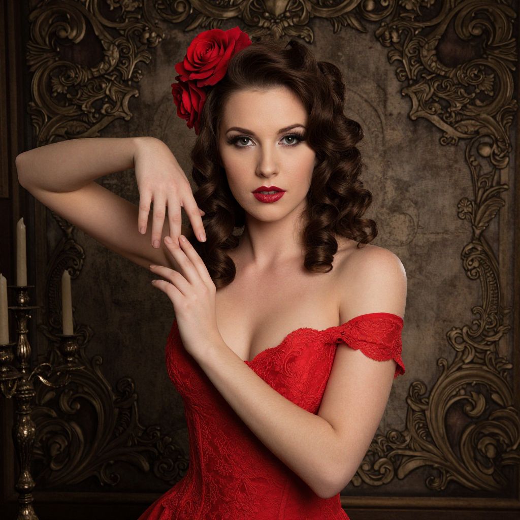 Elegant Woman in Red Lace Dress with Vintage Ornate Background