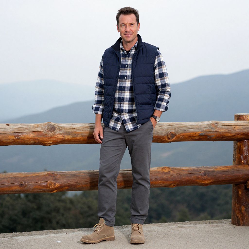Man in Plaid Shirt and Puffer Vest on Mountain Overlook