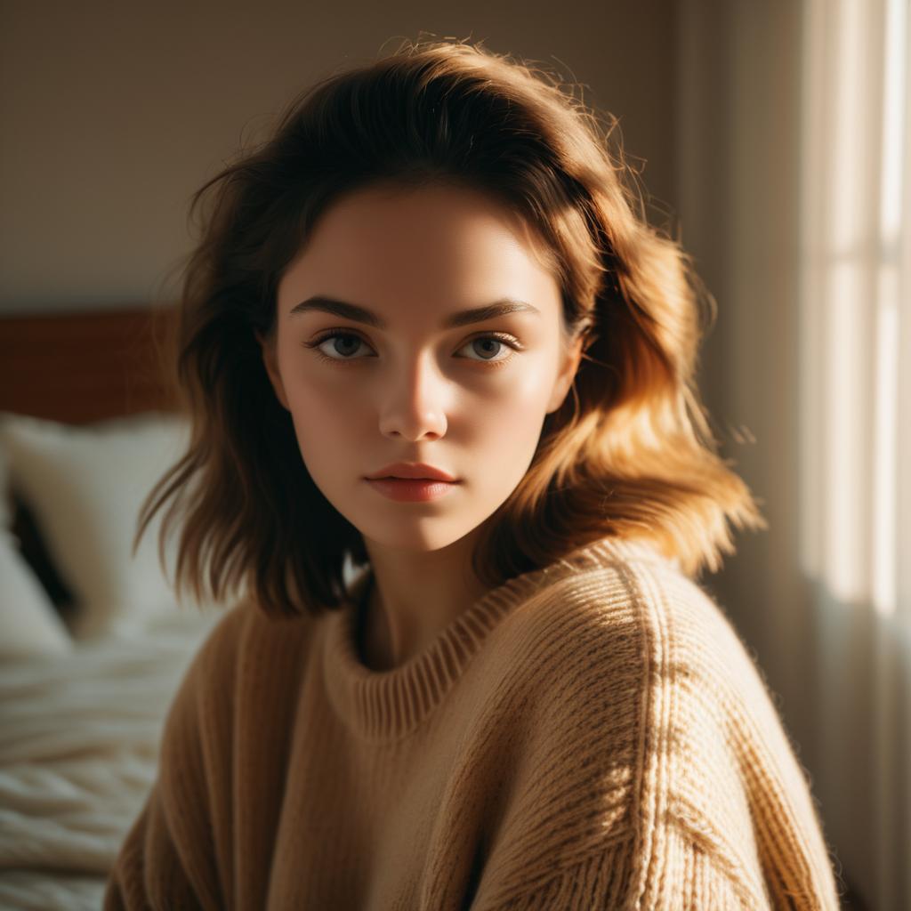 Young Woman in Cozy Sweater by Sunlit Window