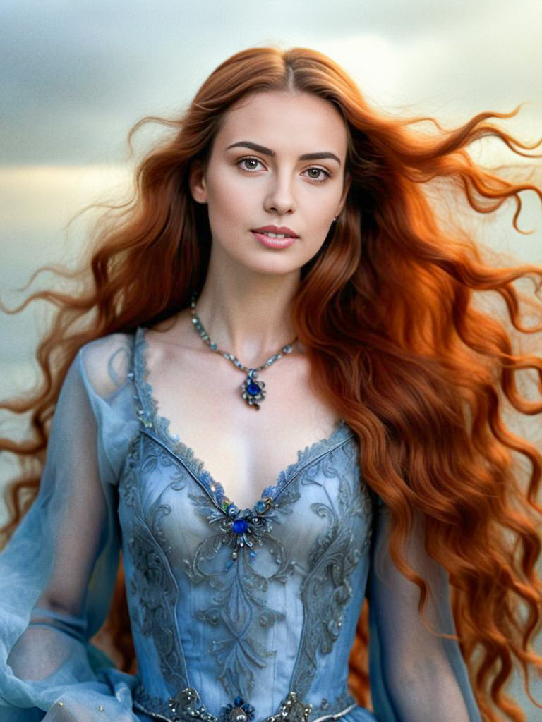 Elegant woman with red hair in blue gown