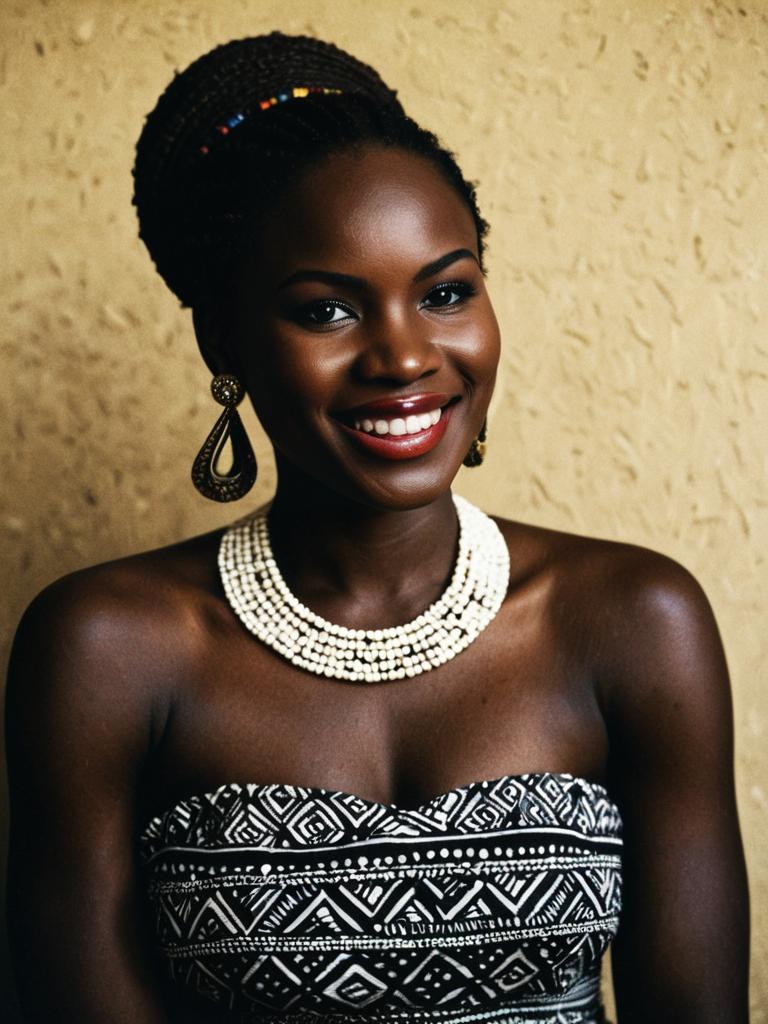 African Woman in Traditional Clothes with Jewelry and Braided Hair