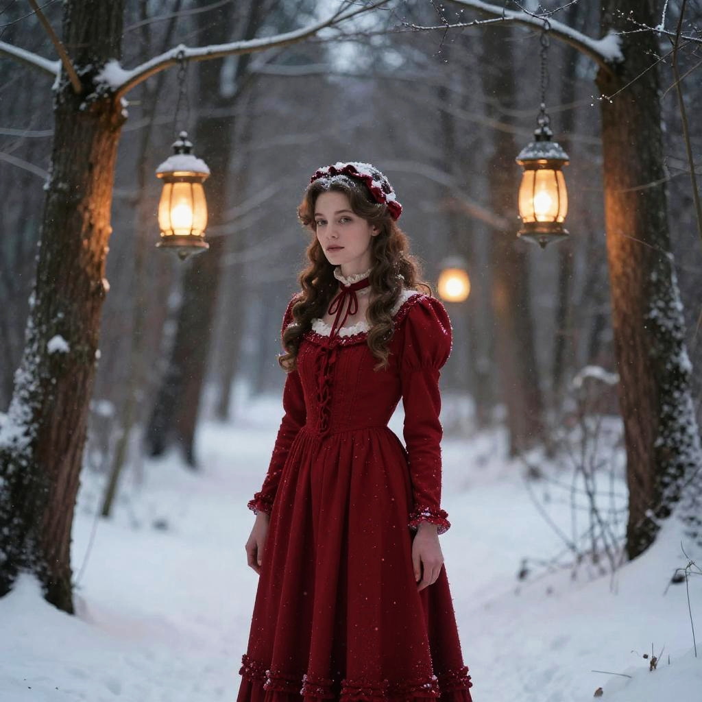 Vintage Style Woman in Red Dress in Snowy Forest with Lanterns
